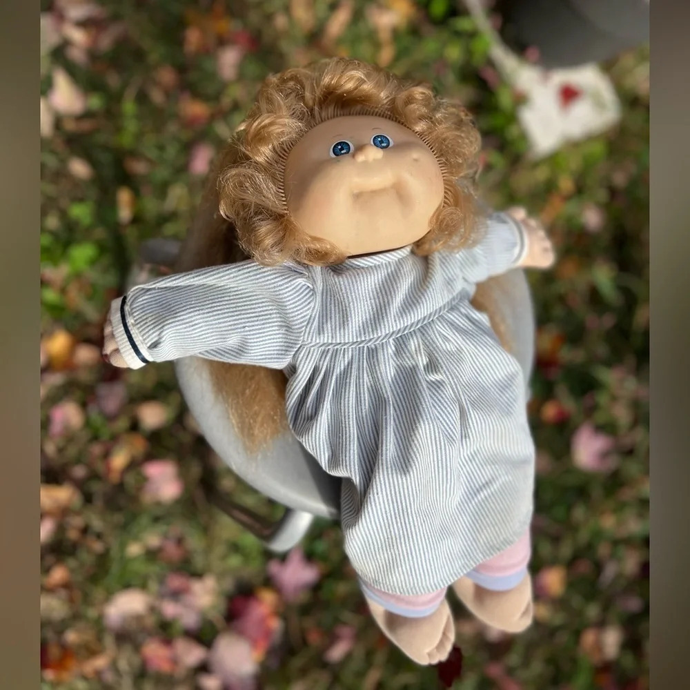 Cabbage Patch,‎ girl doll, in Blue and white stripe dress and pink pants pj’s